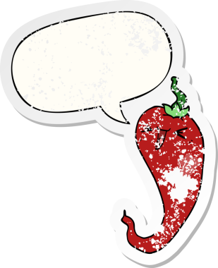 karikatür sıcak biber konuşma baloncuğu ile sıkıntılı eski bir çıkartma bir insan tarafından çizilmiş