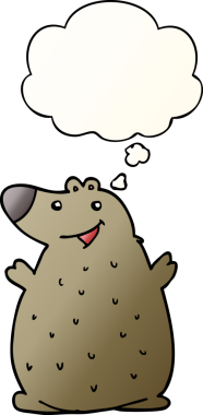 Düşünce baloncuğu olan mutlu ayı çizgi filmi bir insan tarafından çizilmiş.