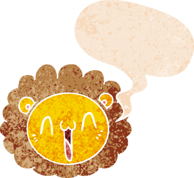 bir insan tarafından çizilmiş grunge sıkıntılı retro stili konuşma baloncuğu ile çizgi film aslan yüzü