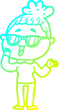 Bir insan tarafından çizilmiş gözlük takan mutlu bir kadının çizgi film çizimi.