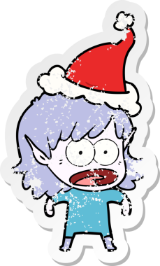 Bir insan tarafından çizilmiş Noel Baba şapkası giymiş şok olmuş bir elf kızının el yazısı.