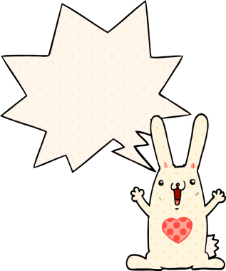 Çizgi roman tarzında bir insan tarafından çizilmiş konuşma balonuna aşık çizgi film tavşanı.