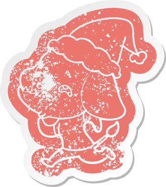 Garip bir karikatür. Bir fil, Noel Baba şapkası taktığını hatırlıyor. Bir insan tarafından çizilmiş.