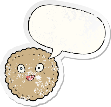 Konuşma balonlu çizgi film bisküvisi bir insan tarafından çizilmiş sıkıntılı eski bir çıkartma