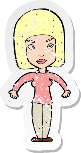 Bir insan tarafından çizilmiş omuzlarını silken karikatürlü bir kadının gerilmiş çıkartması.