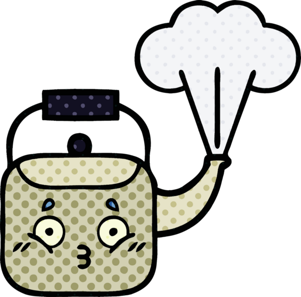 Bir insan tarafından çizilmiş dumanı tüten bir çaydanlığın çizgi romanı.