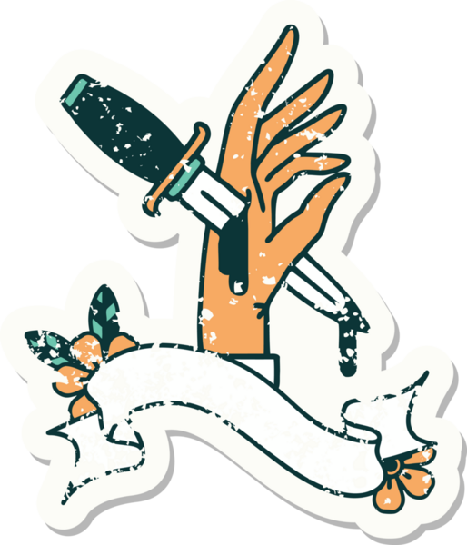 Bir insan tarafından çizilmiş bir hançerin bayrağını taşıyan eski bir etiket.