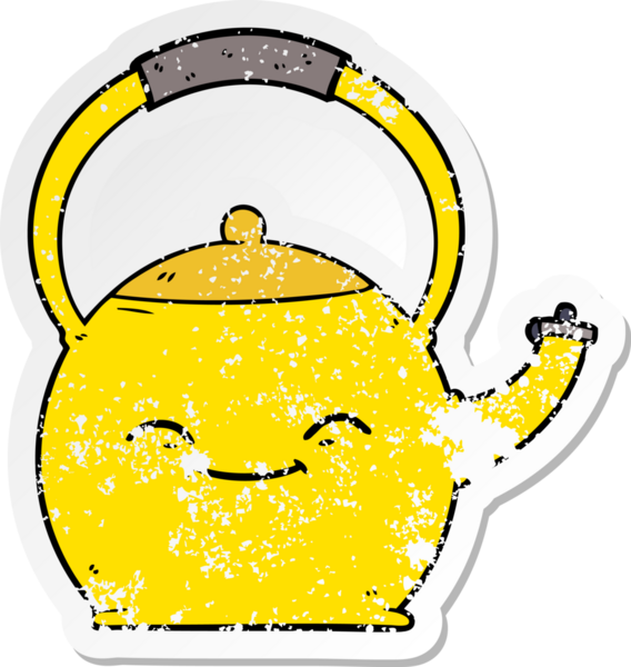Bir insan tarafından çizilmiş karikatür çaydanlığının sıkıntılı etiketi
