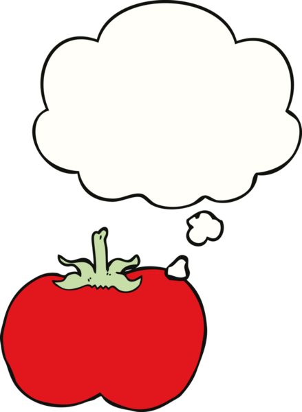 Bir insan tarafından çizilmiş düşünce baloncuklu domates.