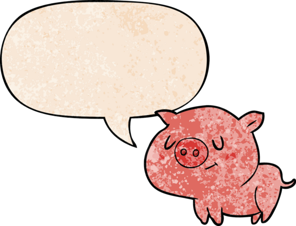 Bir insan tarafından çizilmiş eski moda konuşma baloncuklu şirin çizgi film domuzu.