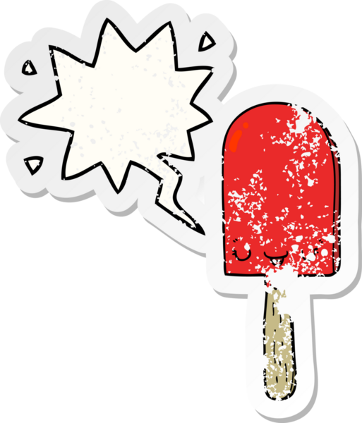 Karikatür buz lolipopu, konuşma baloncuğu bir insan tarafından çizilmiş sıkıntılı eski bir çıkartma.