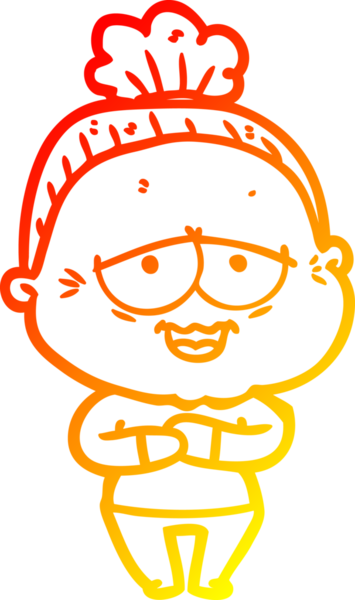 Bir insan tarafından çizilmiş mutlu, yaşlı bir kadının sıcak çizgi çizimi.