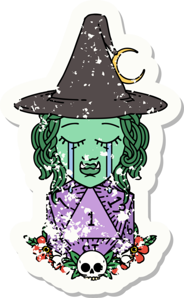 Hüzünlü bir yarım ork cadı karakterinin grunge çıkartması. Bir insan tarafından çizilmiş doğal bir D20 rulosu.