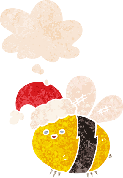 Şirin çizgi film arısı Noel şapkası takıyor. Düşünce baloncuğu ve grunge desenli hüzünlü bir insan stili çiziyor.