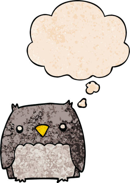Bir insan tarafından çizilmiş grunge doku tarzında düşünce baloncuğu olan sevimli çizgi film baykuşu.