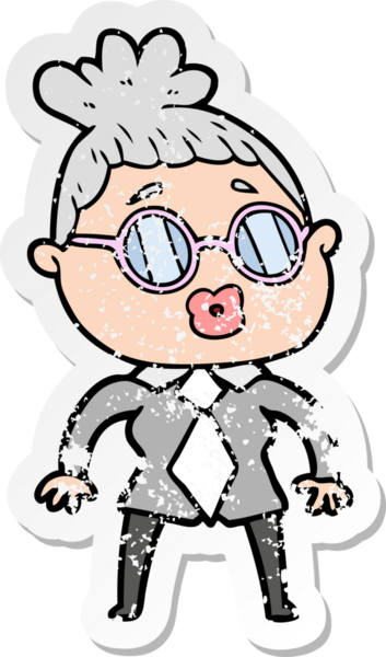 Bir insan tarafından çizilmiş gözlük takan karikatürist bir kadının sıkıntılı çıkartması.