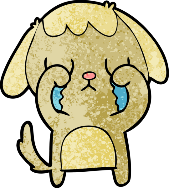 Bir insan tarafından çizilmiş şirin bir çizgi film köpeği ağlıyor.