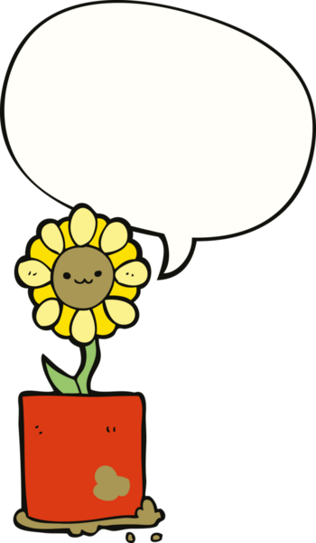 Bir insan tarafından çizilmiş konuşma baloncuğu olan sevimli bir karikatür çiçeği.
