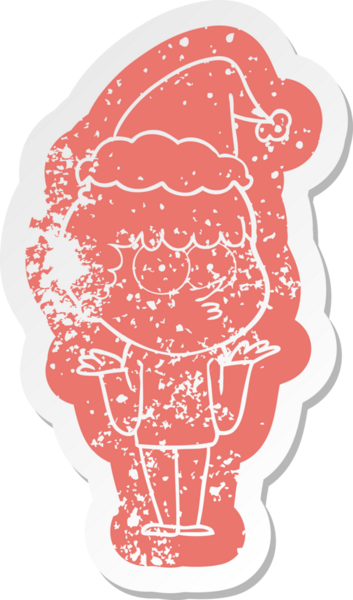 Garip bir çizgi film. Meraklı bir çocuğun omuzlarını silkmesi. Noel Baba şapkası takması.