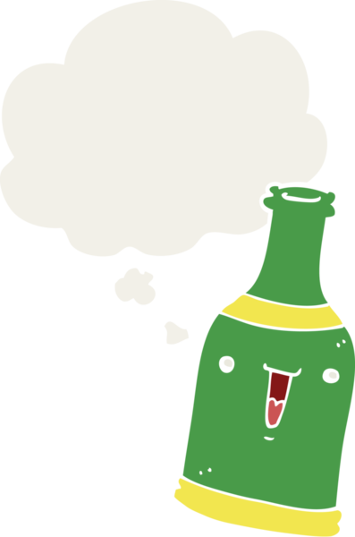 Düşünce baloncuklu çizgi film bira şişesi insan tarafından çizilmiş.
