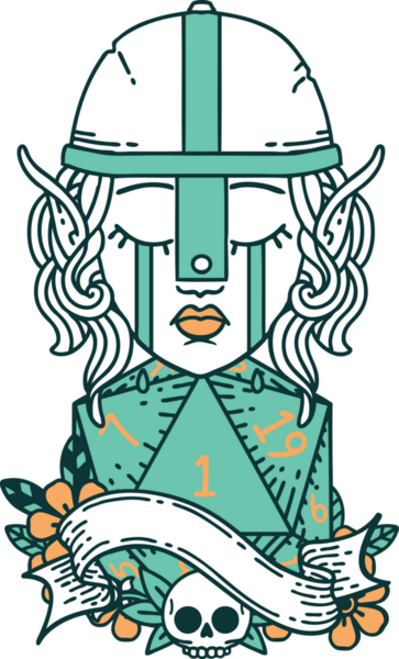 Retro Dövme Tarzı Ağlayan Elf Savaşçısı karakteri yüzü ve bir insan tarafından çizilmiş D20 rulosu.