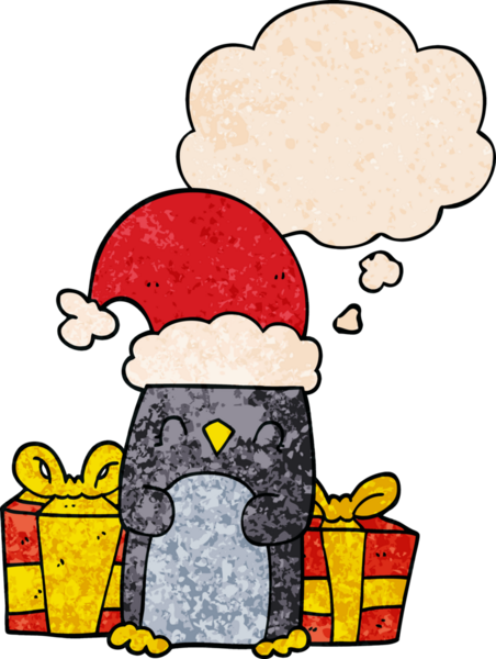 Bir insan tarafından çizilmiş grunge desenli düşünce baloncuğu olan şirin noel penguenleri.