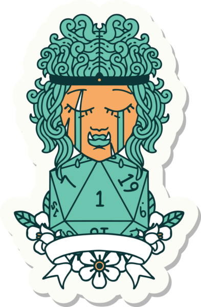 Ağlayan bir ork barbar karakterinin çıkartması. Bir insan tarafından çizilmiş doğal bir D20 rulosu.