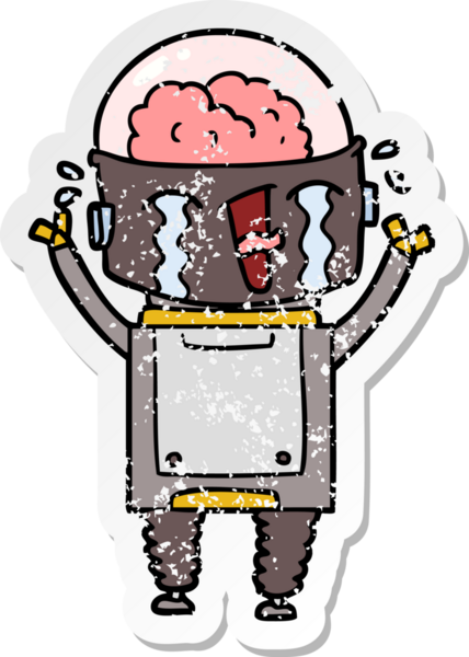 Bir insan tarafından çizilmiş, karikatür ağlayan robot çıkartması.