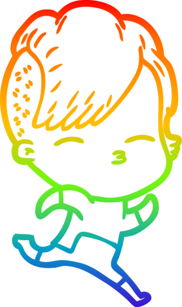 Gökkuşağı gradyan çizgi çizimi. Bir insan tarafından çizilmiş fütürist kıyafetler giyen bir kız çizimi.