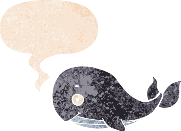 Bir insan tarafından çizilmiş grunge dertli retro tarzı konuşma balinası ile çizgi film balinası