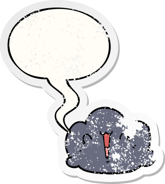 Konuşma baloncuklu mutlu bulut karikatürü bir insan tarafından çizilmiş sıkıntılı eski bir çıkartma