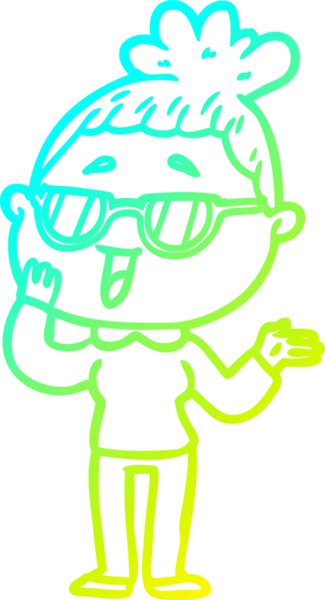 Bir insan tarafından çizilmiş gözlük takan mutlu bir kadının çizgi film çizimi.