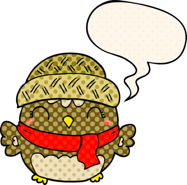 Bir insan tarafından çizilmiş çizgi roman tarzında konuşma balonu olan şapkalı sevimli bir baykuş.