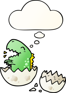 Bir insan tarafından çizilmiş yumuşak eğimli düşünce baloncuğuyla yumurtadan çıkan karikatür dinozoru.