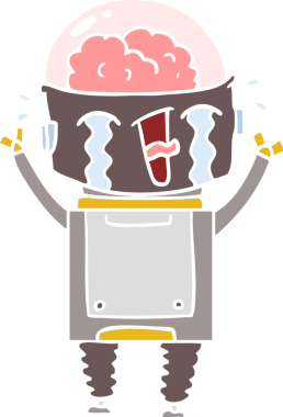 Bir insan tarafından çizilmiş düz renkli karikatür ağlayan robot.