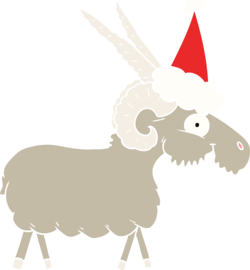 Bir insan tarafından çizilmiş Noel Baba şapkası takan bir keçinin düz renkli çizimi.