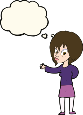 Bir insan tarafından çizilmiş düşünce baloncuğuyla hoş geldin jestleri yapan çizgi film kadını.