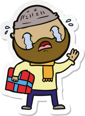 Bir insan tarafından çizilmiş Noel hediyesiyle ağlayan sakallı bir adamın çıkartması.