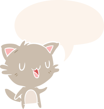 bir insan tarafından çizilmiş, konuşma baloncuklu mutlu kedi çizgi filmi.