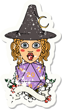 Bir insan büyücüsünün, bir insan tarafından çizilmiş doğal yirmi zarlı çıkartması.