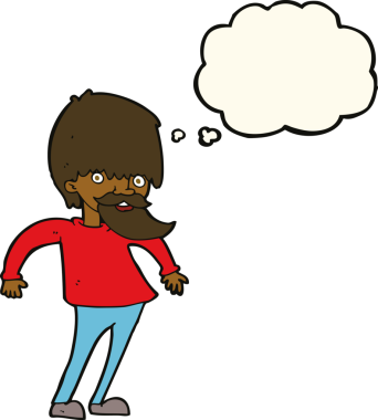 Bir insan tarafından çizilmiş düşünce baloncuğuyla omuzlarını silken sakallı bir adam.