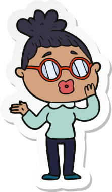 Bir insan tarafından çizilmiş gözlüklü bir karikatür kadının çıkartması.