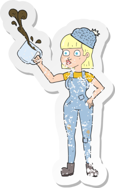 Bir insan tarafından çizilmiş kahve fincanı olan kadın bir çizgi film çalışanının gerilimli retro yapıştırması.