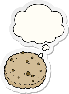 Düşünce baloncuklu çizgi film bisküvisi insan tarafından çizilmiş bir çıkartma.