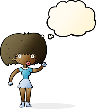 Bir insan tarafından çizilmiş düşünce baloncuğuyla el sallayan çizgi film kadını.