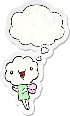 Düşünce baloncuğu olan tatlı bir çizgi film yaratığı insan tarafından çizilmiş yıpranmış bir çıkartma.