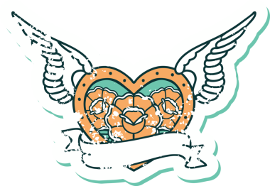 Bir insan tarafından çizilmiş çiçek ve pankartıyla uçan bir kalbin sembolik dövmeli resmi.