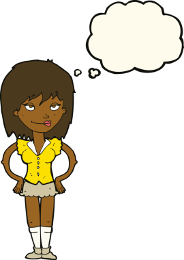 Bir insan tarafından çizilmiş düşünce baloncuğu olan elleri kalçasında çizgi film kadını.