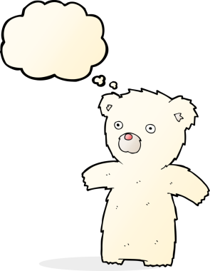 Bir insan tarafından çizilmiş düşünce baloncuklu kutup ayısı çizgi filmi.