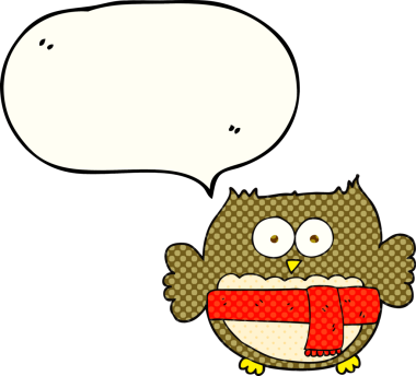 Bir insan tarafından çizilmiş eşarp takan, el yazısıyla çizilmiş bir çizgi roman balonu baykuşu.